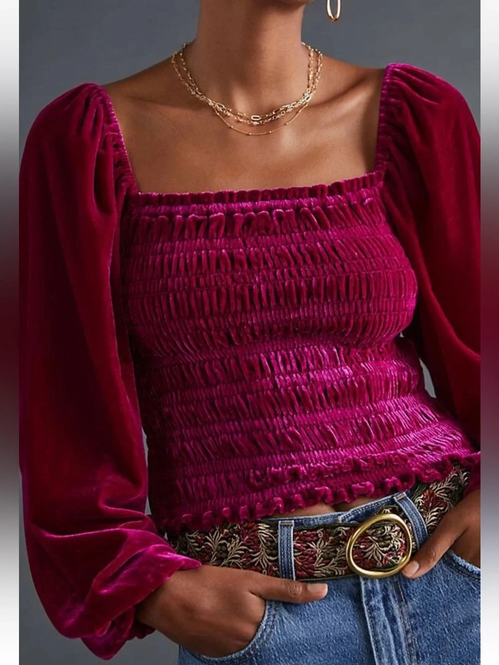 Anthropologie Velvet Smocked Peasant Sleeve Top in Magenta